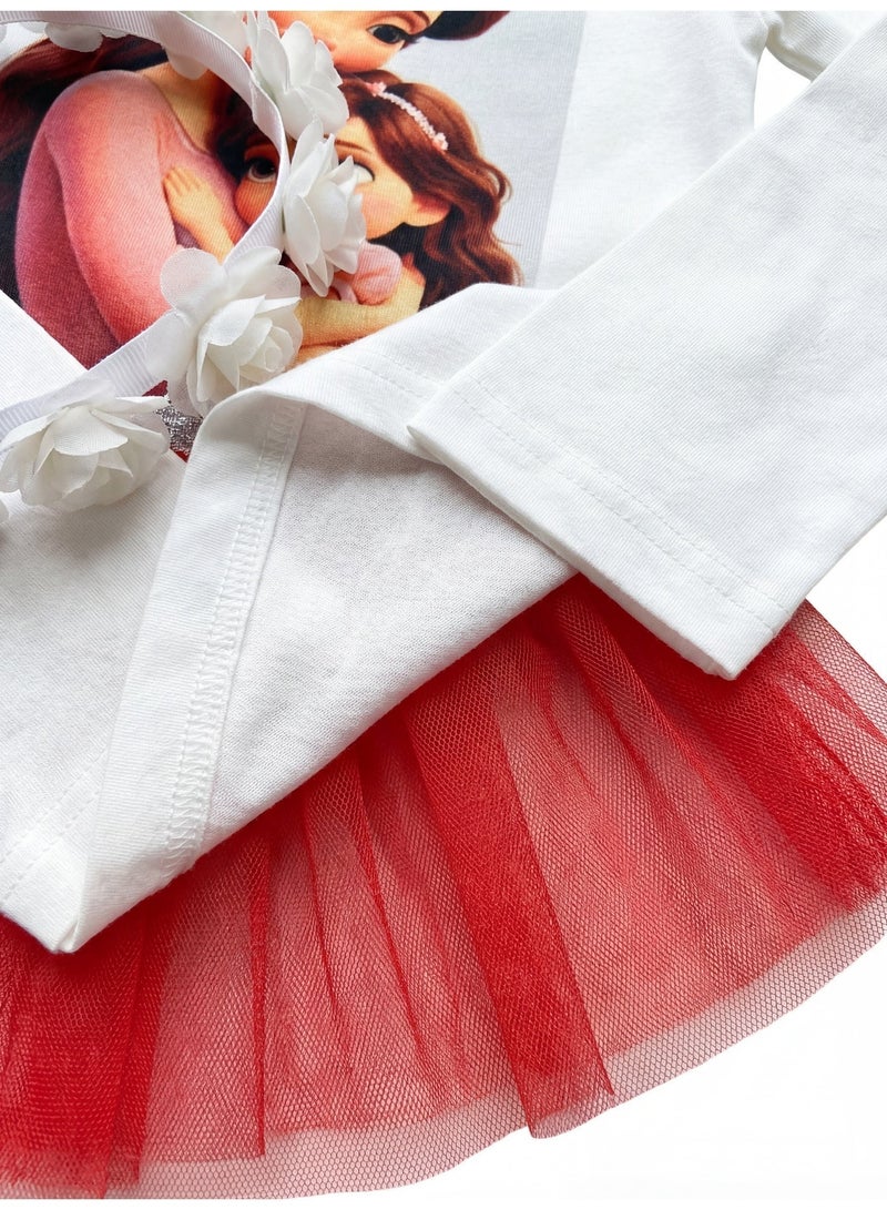 oem Girls Red Skirt Set, 2-Piece (White Long Sleeve Cotton Top & Voluminous Tulle Skirt with Sequin Waist) - Ages 2 to 14 Years. - Image 4