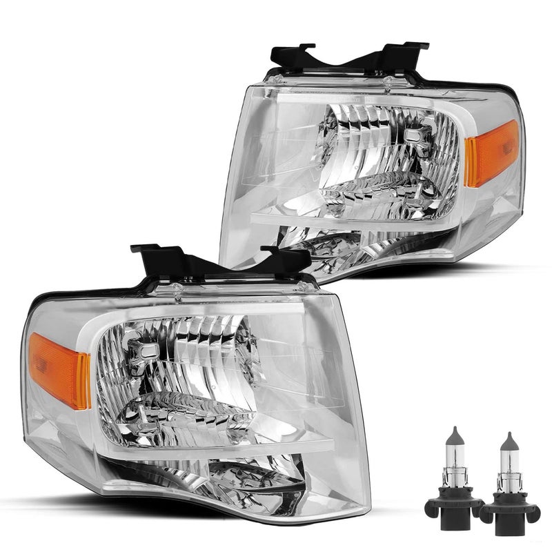 JSBOYAT Headlight Assembly Replacement for 20072014 Ford Expedition Headlamp Passenger and Driver Side Chrome Housing with Amber Reflector wBulbs