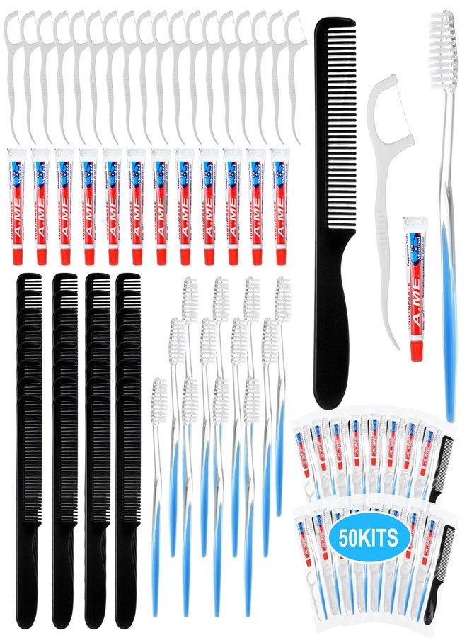 Newtay 50 Sets Disposable Toothbrushes with Toothpaste Floss and Comb for Travel Individually Wrapped, Homeless Care Package Bulk Hygiene Kits for Homeless/Hotel/shelter/Nursing Home/Charity - Image 1