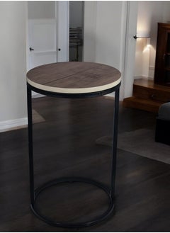 fan baytk Attractive black metal round side table with brown wood top - a stylish and practical addition to any space, dimensions: 35 cm diameter, 50 cm height.  - Image 1