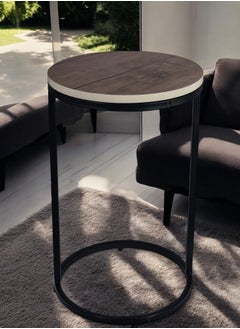 fan baytk Attractive black metal round side table with brown wood top - a stylish and practical addition to any space, dimensions: 35 cm diameter, 50 cm height.  - Image 2