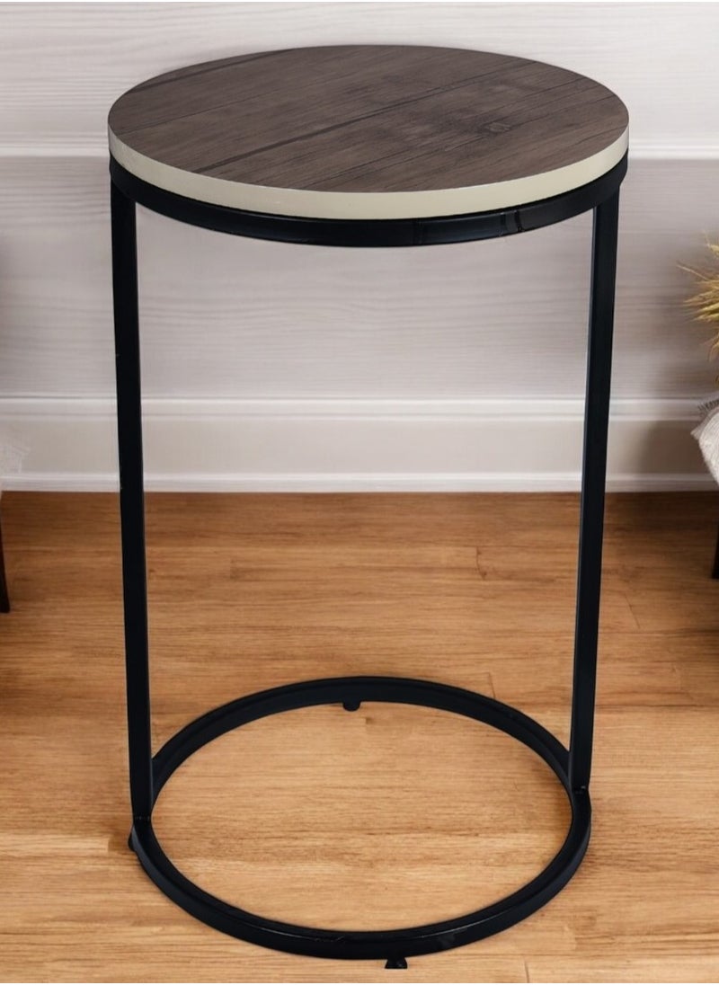 fan baytk - Attractive black metal round side table with brown wood top - a stylish and practical addition to any space, dimensions: 35 cm diameter, 50 cm height. - Image 1