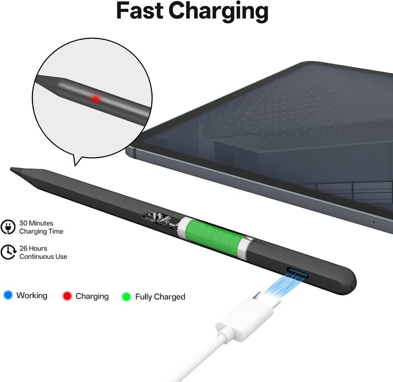 iafer Pencil for iPad 2018-2025, Fast Charge Tilt Sensitivity Palm Rejection 26H Working Time, Stylus Pen for iPad Pro 11/12.9/13 M3/M4, iPad 6th-11th A16, Air 3/4/5/M2/M3, Mini A17 Pro 7/6/5 - Image 3