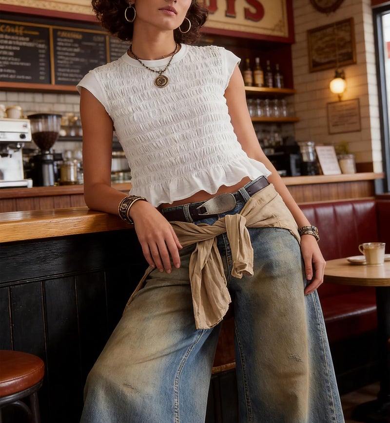 Yuemengxuan Womens Summer Top Cap Sleeve Smocked Shirts Ruffle Hem Going Out Tops Shirred Tank Crop Tee Y2K Outfits, White, Medium - Image 4