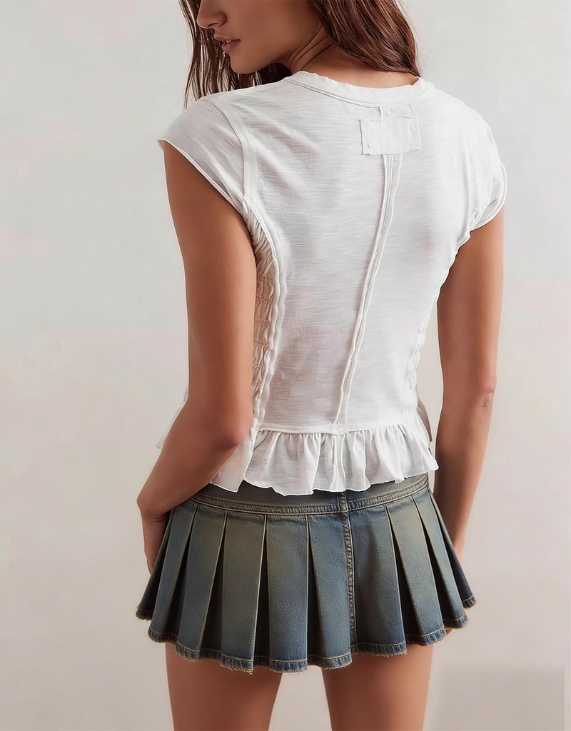 Yuemengxuan Womens Summer Top Cap Sleeve Smocked Shirts Ruffle Hem Going Out Tops Shirred Tank Crop Tee Y2K Outfits, White, Medium - Image 2