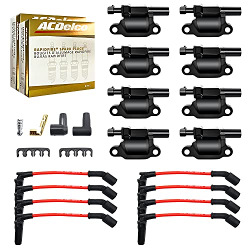 MAS Set of 8 Ignition Coils Pack&Platinum Spark Plugs&Wires Compatible with Chevrolet GMC Cadillac Camaro Express Impala CTS Avalanche Silverado Suburban V8 Replacement for UF413 12611424 12570616 - Image 1
