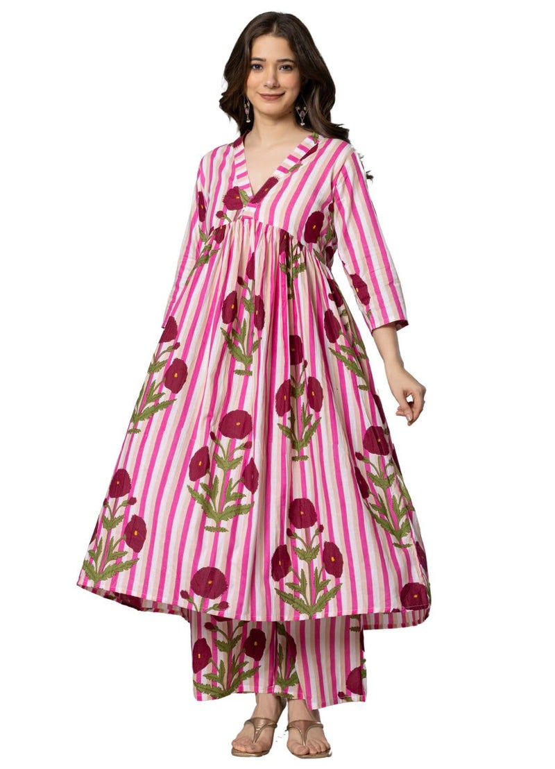 rytras Women's Pure Cotton Printed Alia Cut Kurta Set with Palazzo Pants - Ethnic Wear, Pink(RYT594,S) - Image 3