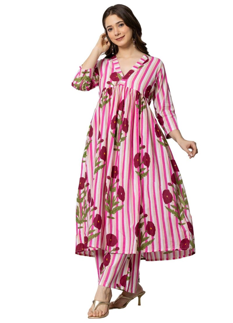 rytras Women's Pure Cotton Printed Alia Cut Kurta Set with Palazzo Pants - Ethnic Wear, Pink(RYT594,S) - Image 5
