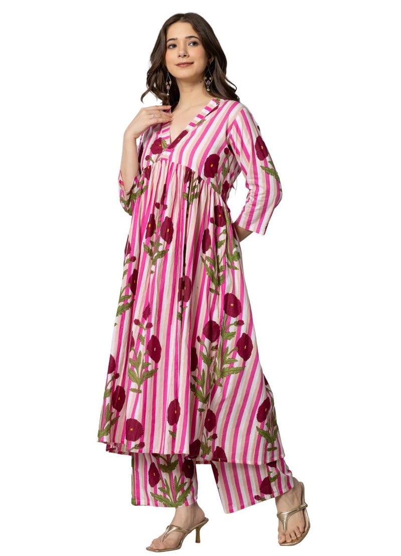 rytras Women's Pure Cotton Printed Alia Cut Kurta Set with Palazzo Pants - Ethnic Wear, Pink(RYT594,S) - Image 4