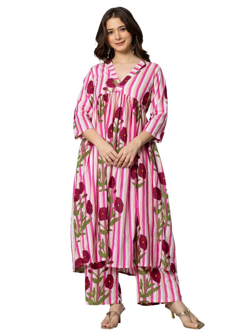 rytras Women's Pure Cotton Printed Alia Cut Kurta Set with Palazzo Pants - Ethnic Wear, Pink(RYT594,S) - Image 1