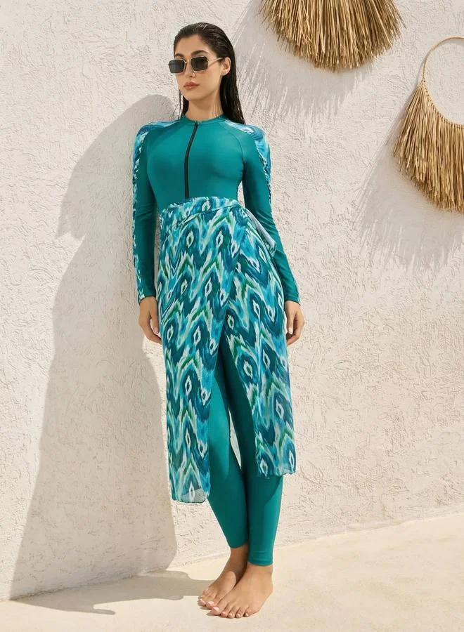 Pack of 3 - Geo Print Half-Zip Swimsuit, Leggings and Printed Wrap Skirt Burkini Set