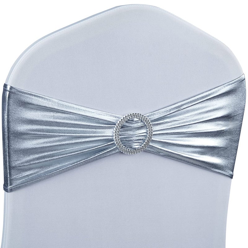 Lebenguru Metallic Silver Spandex Chair Sashes 50pcs Premium Stretch Chair مع Boxle Slider Universal Crash Bands for Wedding Party Banquet Decoration - Image 1