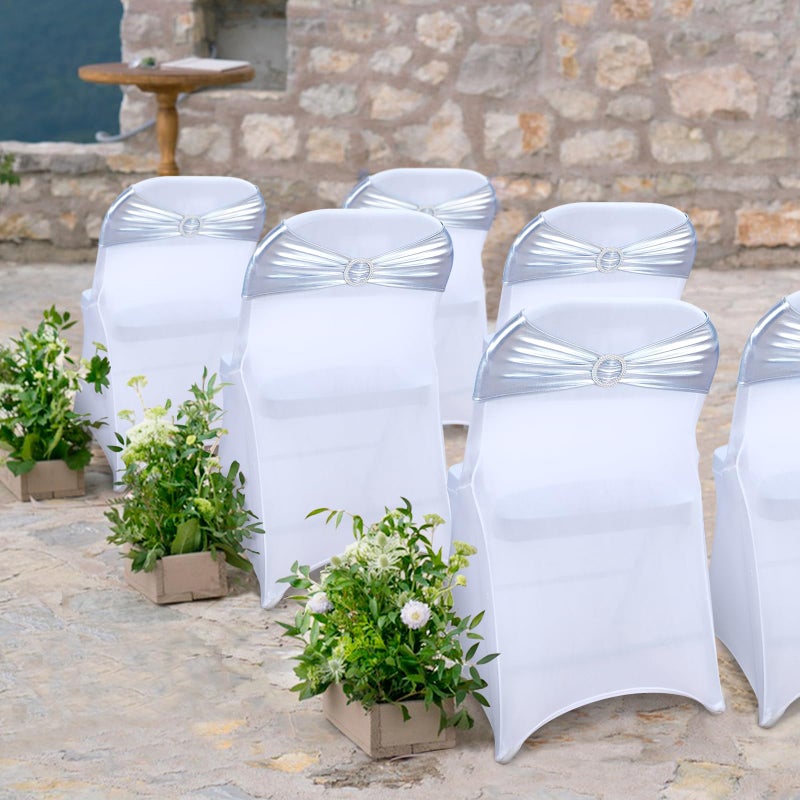 Lebenguru Metallic Silver Spandex Chair Sashes 50pcs Premium Stretch Chair مع Boxle Slider Universal Crash Bands for Wedding Party Banquet Decoration - Image 3