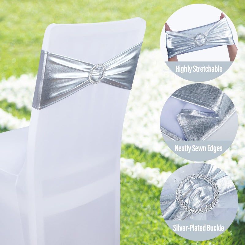 Lebenguru Metallic Silver Spandex Chair Sashes 50pcs Premium Stretch Chair مع Boxle Slider Universal Crash Bands for Wedding Party Banquet Decoration - Image 4