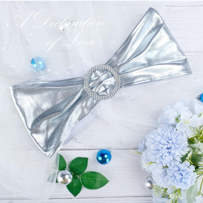 Lebenguru Metallic Silver Spandex Chair Sashes 50pcs Premium Stretch Chair مع Boxle Slider Universal Crash Bands for Wedding Party Banquet Decoration - Image 2