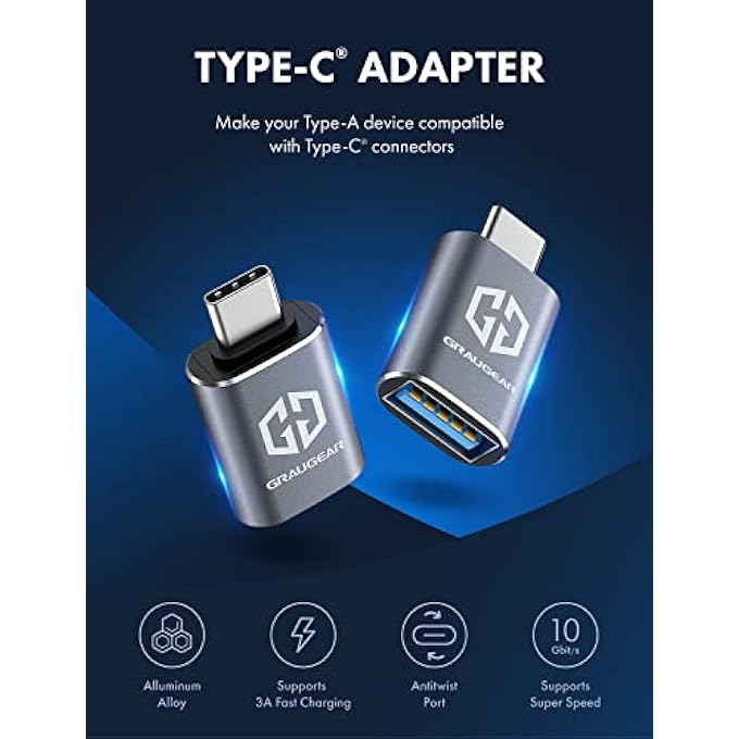 GRAUGEAR | 2 PIECES | USB TO USB-C ADAPTER | DOUBLE SIDES USB-C | 10 GBIT/S DATA TRANSFER USB 3.2 GEN 2 | TYPE-A FEMALE TO TYPE-C® MALE | USB-C TO USB 3.1 GEN2 | G-AD-ATC-10G-2 - Image 2
