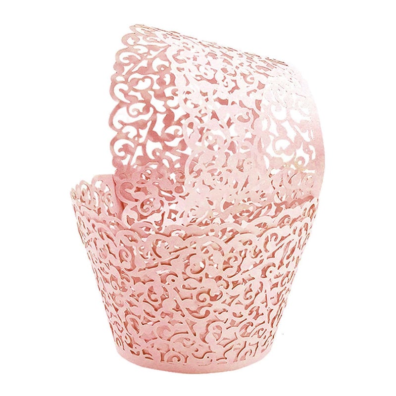 GOLF 100Pcs Cupcake Wrappers Artistic Bake Cake Paper Filigree Little Vine Lace Laser Cut Liner Baking Cup Wraps Muffin CaseTrays for Wedding Party Birthday Decoration (Pink)