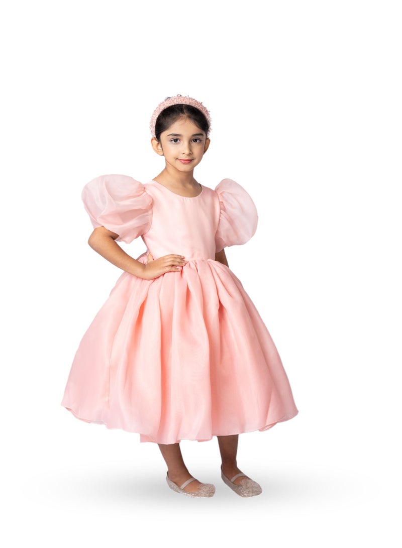 D'Daniela Puff Sleeves Midi Length Dress - Pink - Image 1