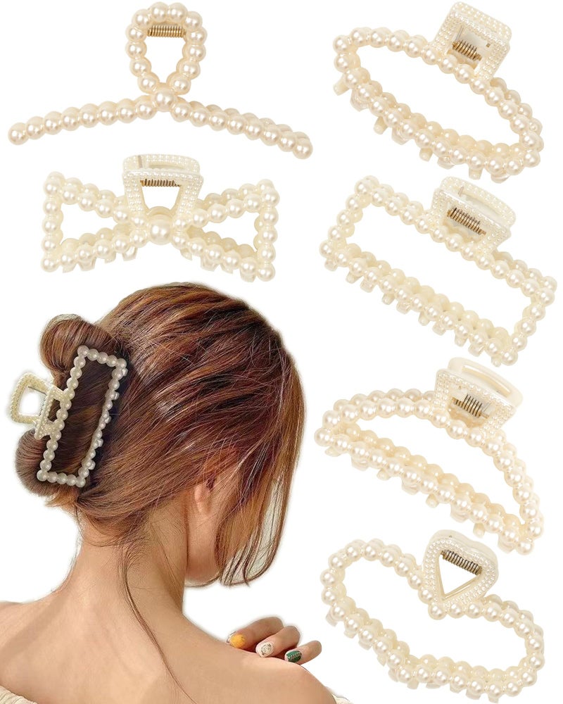 Olldag 6 PACK Large White Pearl Hair Claws Strong Hold NonSlip Jaw Barrettes for Thick Hair Wedding Styling Gift Accessories for Women and Girls