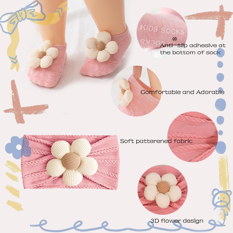 WillingTee Baby Girl Headband and Socks, Non-Slip Floral Socks and Soft Floral Nylon Hairbands for Babies Infants and Toddlers 0-12 Months - Image 3