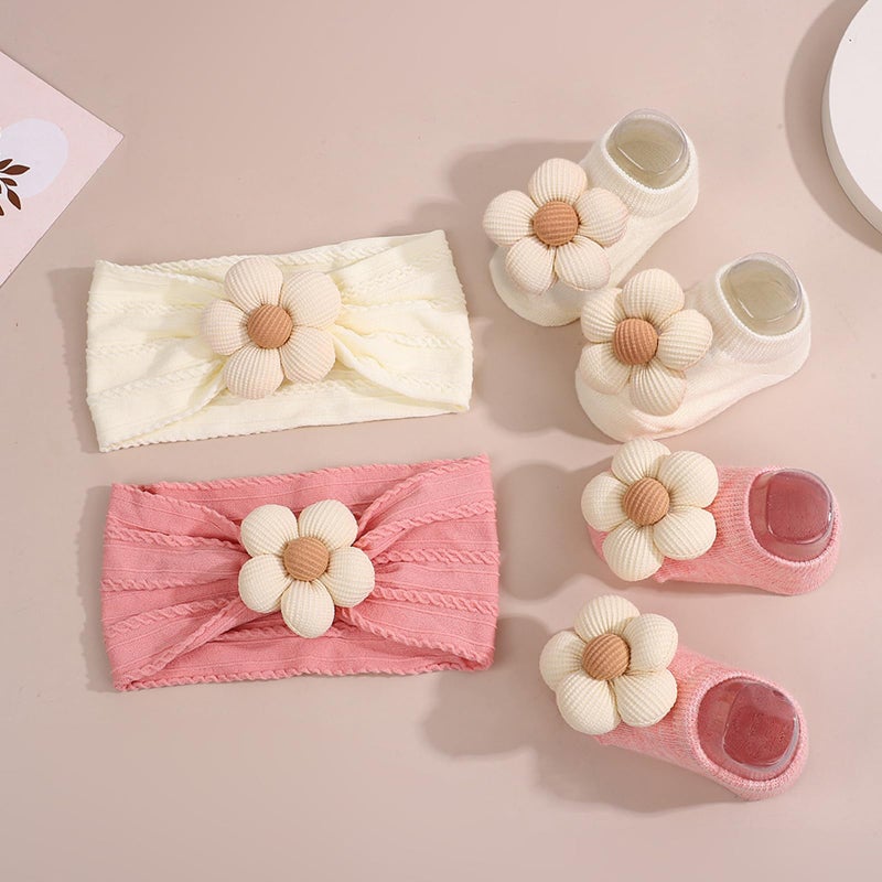 WillingTee Baby Girl Headband and Socks, Non-Slip Floral Socks and Soft Floral Nylon Hairbands for Babies Infants and Toddlers 0-12 Months - Image 4