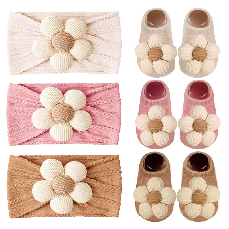 WillingTee Baby Girl Headband and Socks, Non-Slip Floral Socks and Soft Floral Nylon Hairbands for Babies Infants and Toddlers 0-12 Months - Image 1