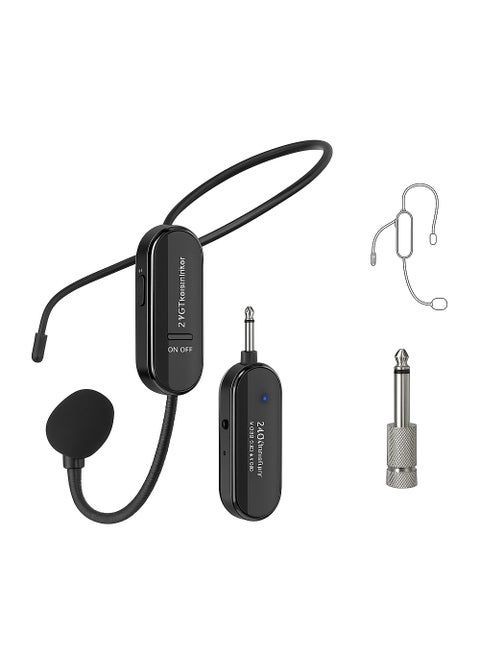 Wireless Headset Microphone – 2.4G Rechargeable, Noise Reduction, with Receiver & 3.5mm/6.35mm Adapter, for Teaching, Fitness, Tour Guide – Black