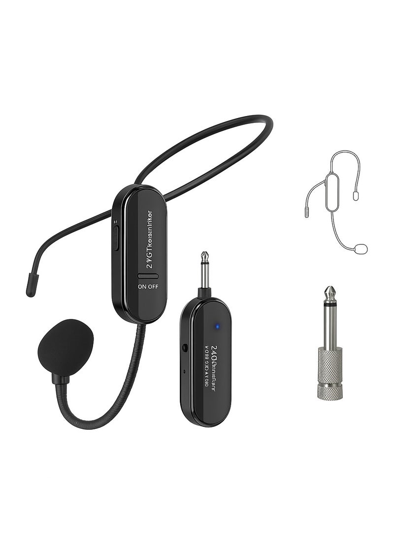 Mike Music - Wireless Headset Microphone – 2.4G Rechargeable, Noise Reduction, with Receiver & 3.5mm/6.35mm Adapter, for Teaching, Fitness, Tour Guide – Black - Image 1