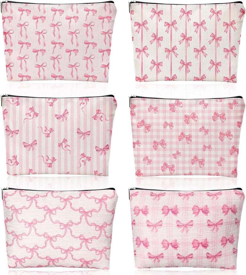 Kacctyen 6 Pack Pink Coquette Bow Makeup Bag Preppy Cosmetic Bags Zipper Pouch Travel Toiletry Bag Pink Trendy Pouch Bag Gift for Coquette Birthday Paty Favor Girls Travel Storage Accessories