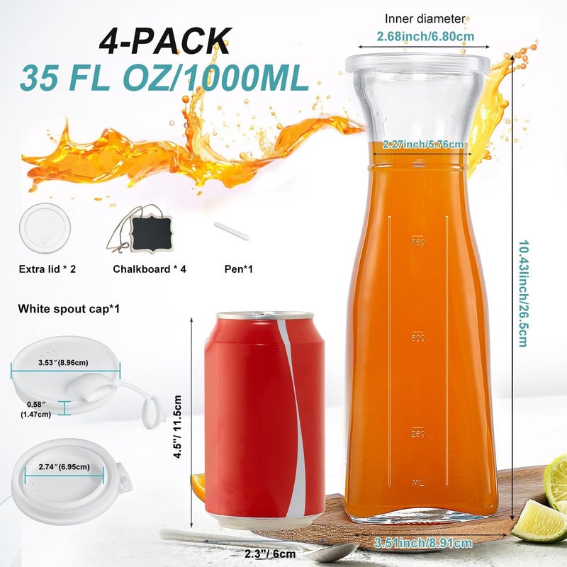 Ritayedet Glass Carafe, 1 Liter Carafe for Mimosa Bar, 4 Pcs, Square Pitcher with Lid and Spout, Drink Dispenser for Parties, Cold Water, Milk, Juice Container, Tea, Wine, Cocktails (6 Lids & 1 Spout) - Image 3