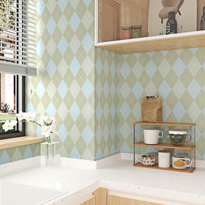Wallderful Blue and Brown Checkered Wallpaper Removable Argyle Plaid Wallpaper Peel and Stick Vintage Geometric Contact Paper for Kitchen Backsplash Bedroom Bathroom Cabinets Accent Walls 17.5"x102" - Image 1