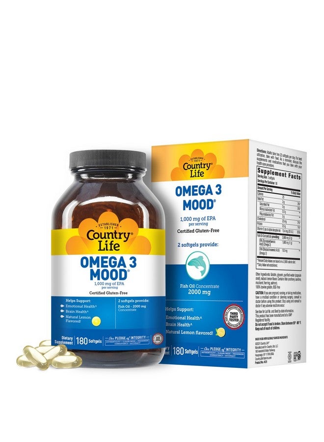 Country Life Omega 3 Fish Oil Supplement - High Concentration EPA and DHA Omega 3 Fatty Acids - 2000mg Fish Oil for Emotional Health, Mood Support, and No Fish Taste - Natural Lemon Flavor - Image 1