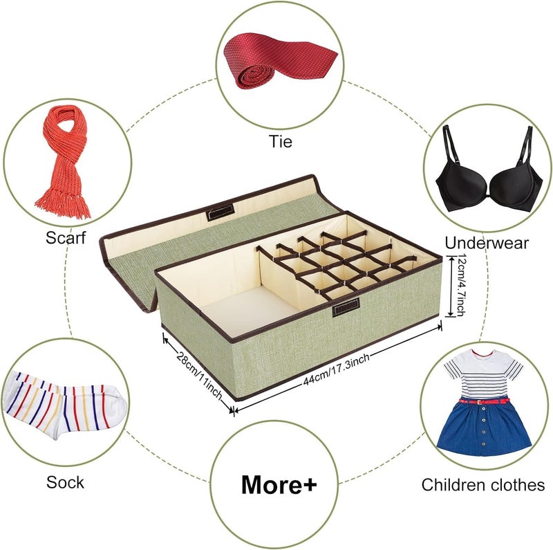 SEYROLIN SEYROLIN 17 Grid Socks Organiser Multi Compartment Foldable Storage Box Closet Drawer Organizer With Lid Undergarments Storage for Socks Bra Panty Tie Scarf Light Green Plain - Image 4