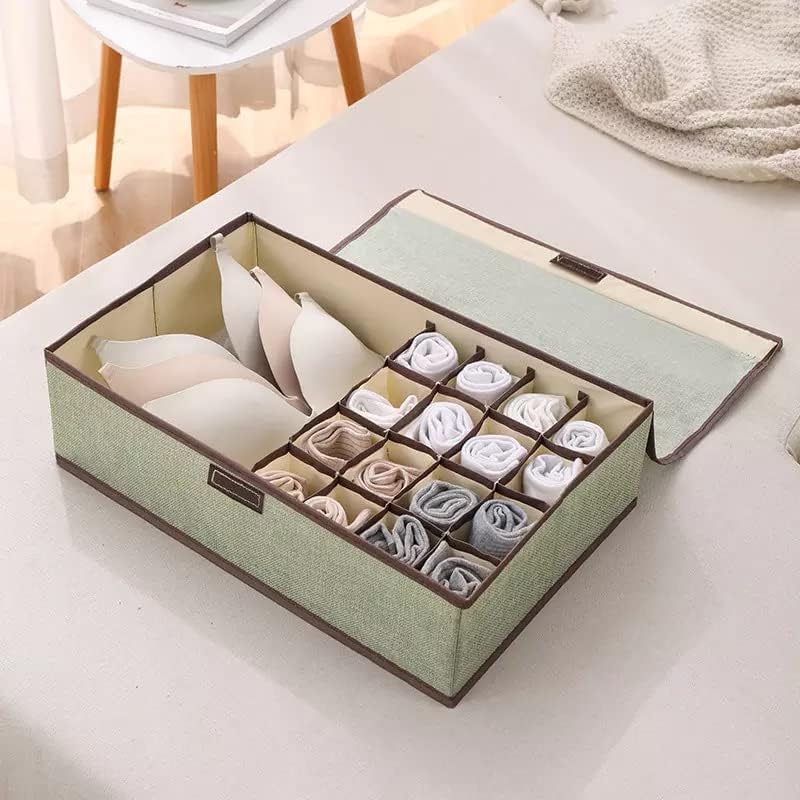 SEYROLIN SEYROLIN 17 Grid Socks Organiser Multi Compartment Foldable Storage Box Closet Drawer Organizer With Lid Undergarments Storage for Socks Bra Panty Tie Scarf Light Green Plain - Image 3