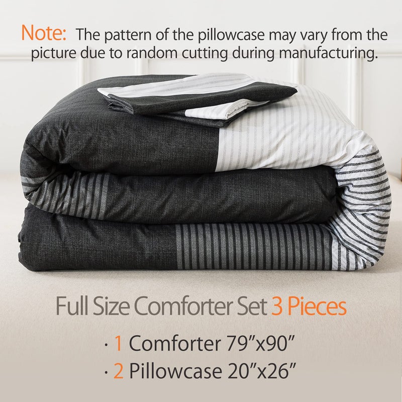 Andency Full Size Comforter Set,3 Pieces Black White Gray Patchwork Striped Comforter(79x90 Inch), Soft Microfiber Down Alternative Full Comforter Bedding Sets with Corner Loops - Image 2