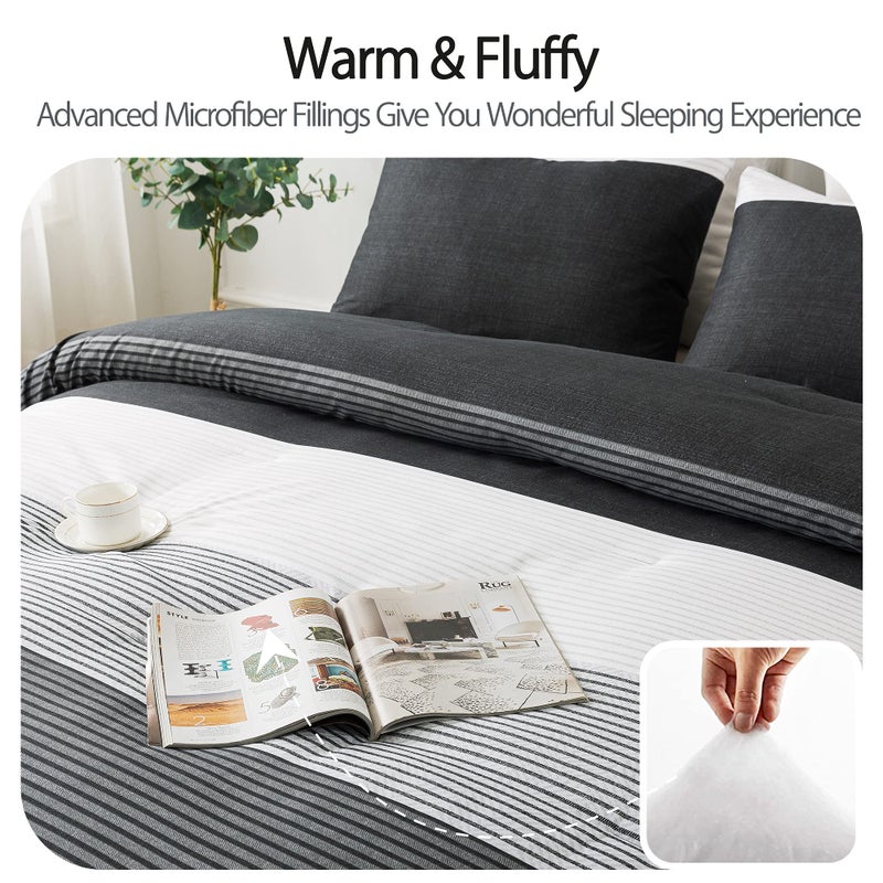 Andency Full Size Comforter Set,3 Pieces Black White Gray Patchwork Striped Comforter(79x90 Inch), Soft Microfiber Down Alternative Full Comforter Bedding Sets with Corner Loops - Image 3
