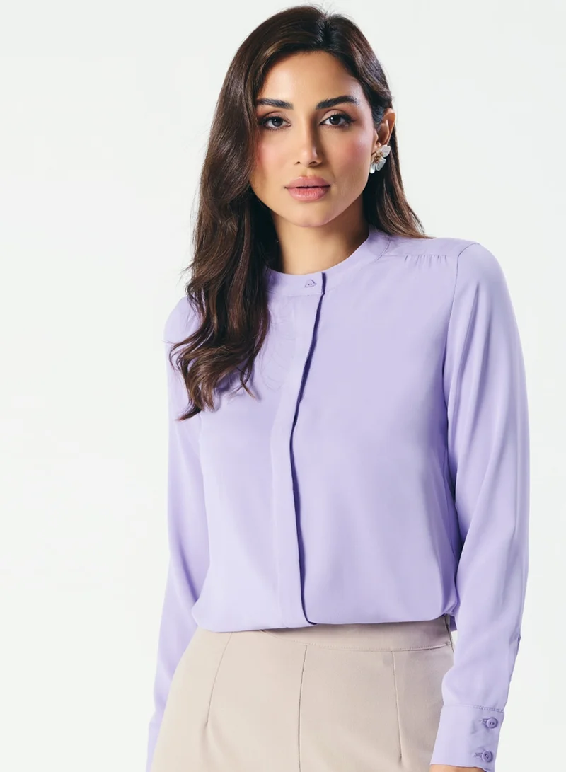 Zigzag Straight Cut Mandarin Collar Long Sleeve Top