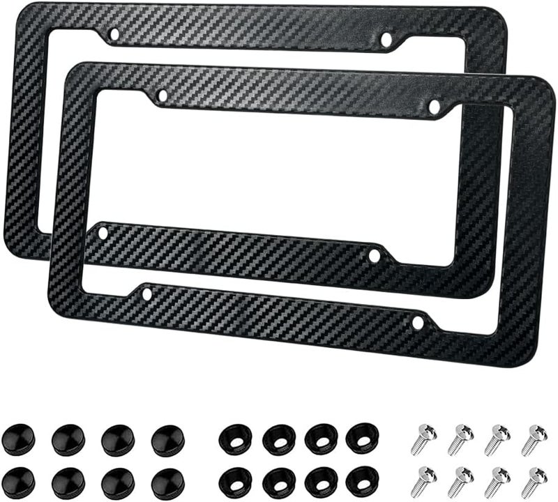 Reswish 2 Pack License Plate Frames,Carbon Fiber License Plate Frame,Car Tag Cover for Front & Rear with Fasteners and Screws,4 Hole Universal Holder Waterproof Plastic Number Plate Frame - Image 1