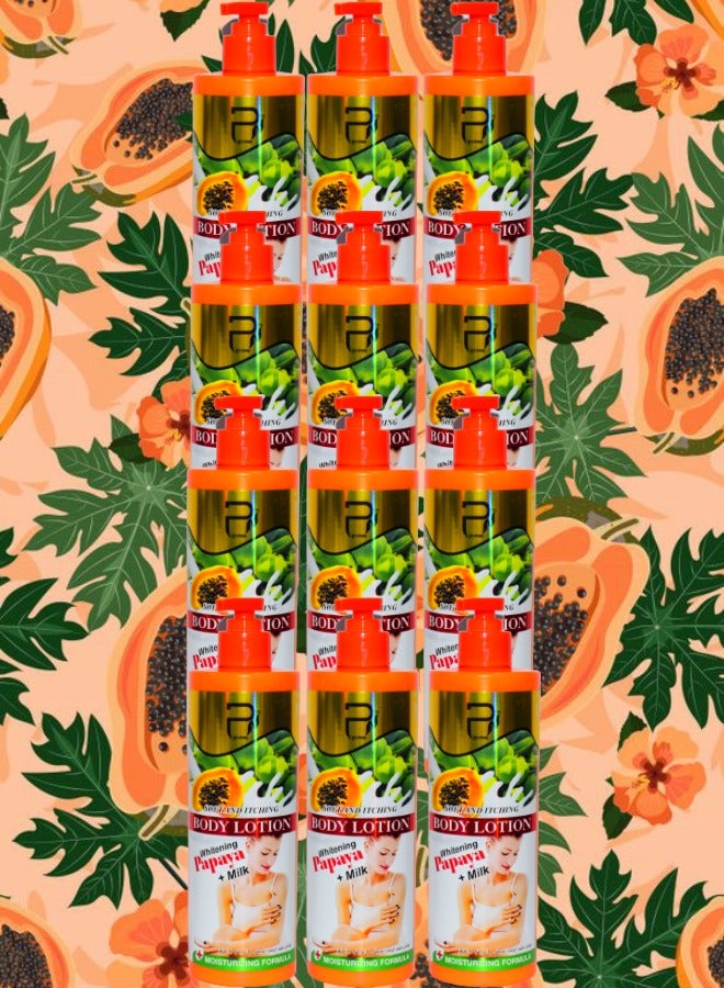 PYRON 12 Pieces Soft And Itching Body Lotion Whitening Papaya And Milk Moisturizing 500g