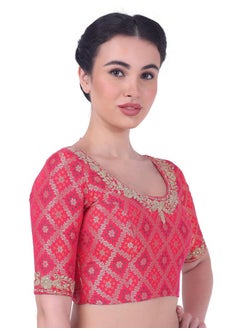 Studio Shringaar Studio Shringaar Women's Elbow Length Sleeves Benaras Brocade Embroidered Saree Blouse (Pink, 38)  - Image 4