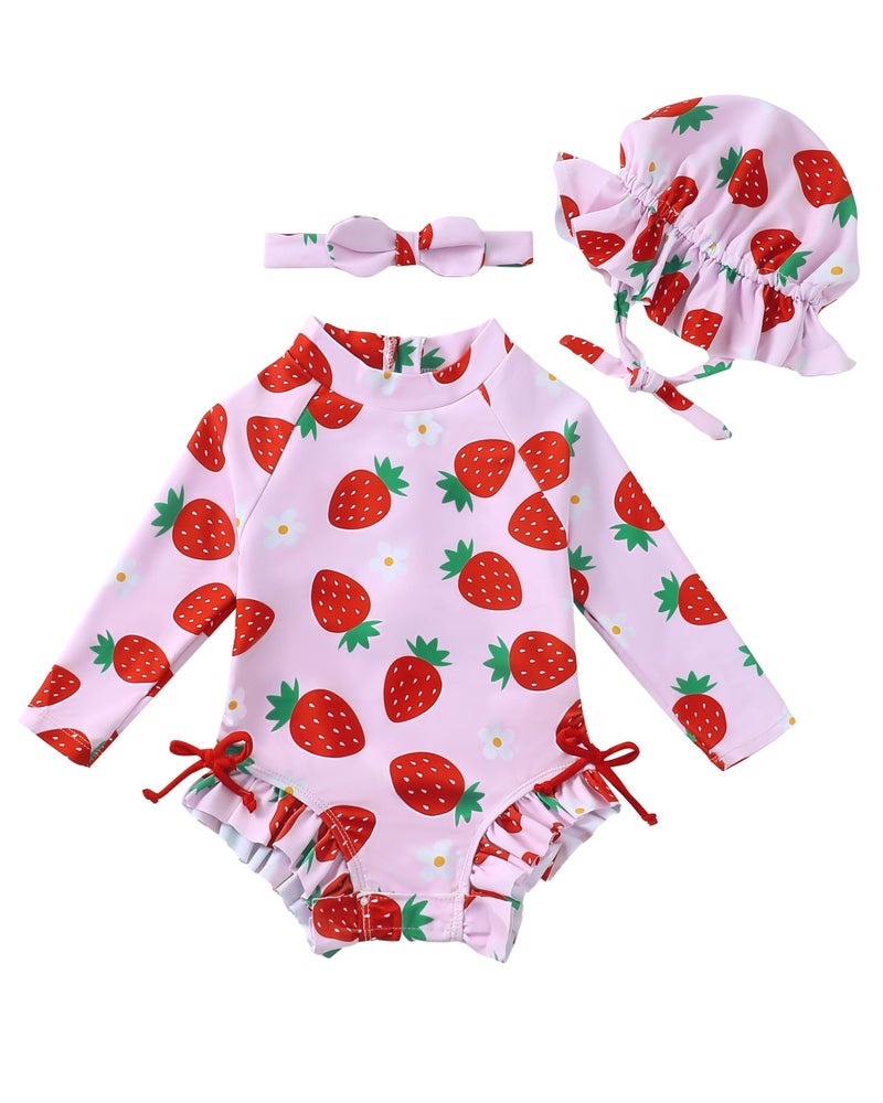 Renotemy Baby Girl Swimsuit 12-18 Months Drawstring Bow Back Zipper Bathing Suit Gifts Toddler Girls 18 Months Pink Ruffle Summer Beach Essentials Long Sleeve One-Piece Rash Guard Swimwear with Hat - Image 1