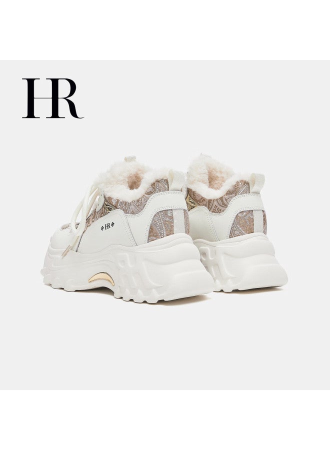 Hrhr Women's Shoes  Winter New Plush Dad Sneakers Thick Sole Casual Shoes Champagne Beige Size 36 - Image 5