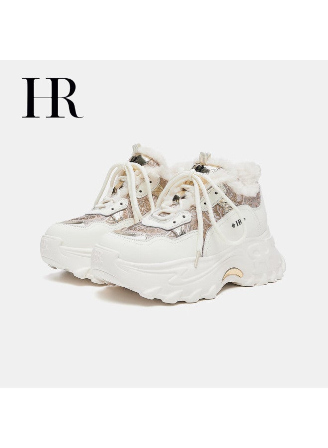 Hrhr Women's Shoes  Winter New Plush Dad Sneakers Thick Sole Casual Shoes Champagne Beige Size 36 - Image 3