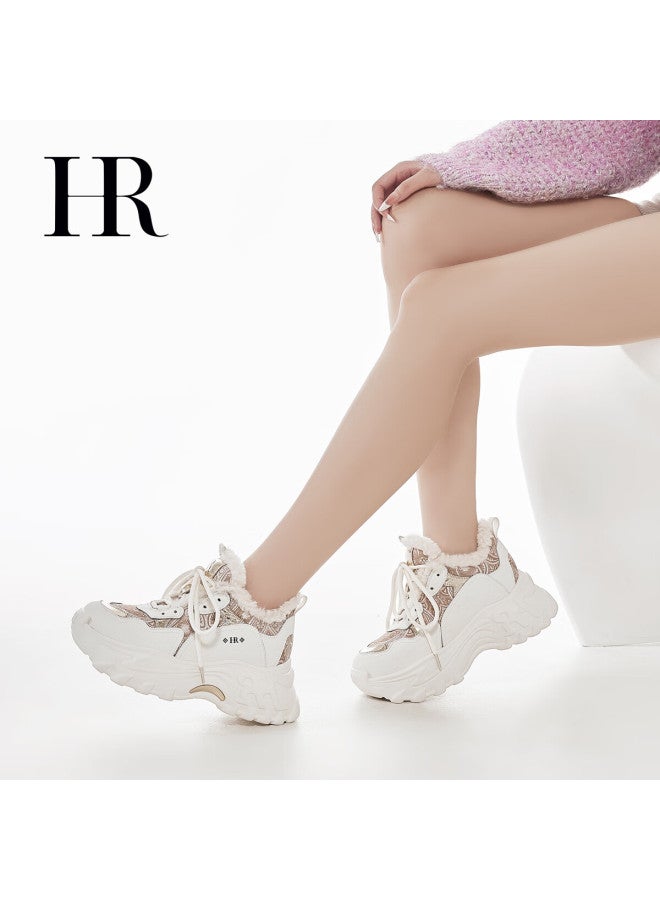 Hrhr Women's Shoes  Winter New Plush Dad Sneakers Thick Sole Casual Shoes Champagne Beige Size 36 - Image 1