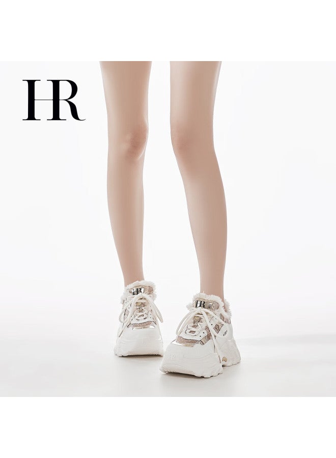 Hrhr Women's Shoes  Winter New Plush Dad Sneakers Thick Sole Casual Shoes Champagne Beige Size 36 - Image 2