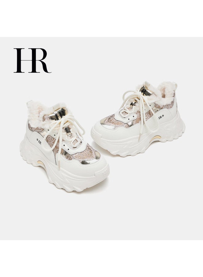 Hrhr Women's Shoes  Winter New Plush Dad Sneakers Thick Sole Casual Shoes Champagne Beige Size 36 - Image 4