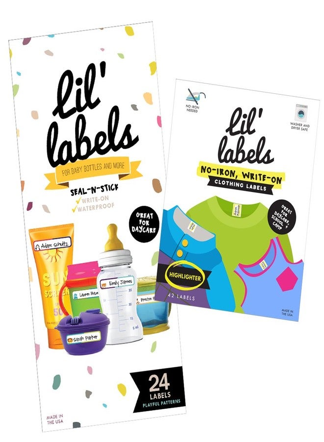 Lil' Labels (Playful Patterns/Highlighter) - Daycare Value Pack Bottle and Clothing Waterproof, Playful Pattrens, Highlighter - Image 1