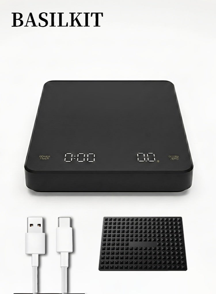 BASILKIT Digital Kitchen Scale Rechargeable， Coffee Scale with Timer - Digital Multifunction Weighing Scale with 3kg/0.1g High Precision - Pour Over Drip - Espresso Scale with Bright LCD Display,with Silicone Non-slip Pad,Black - Image 1