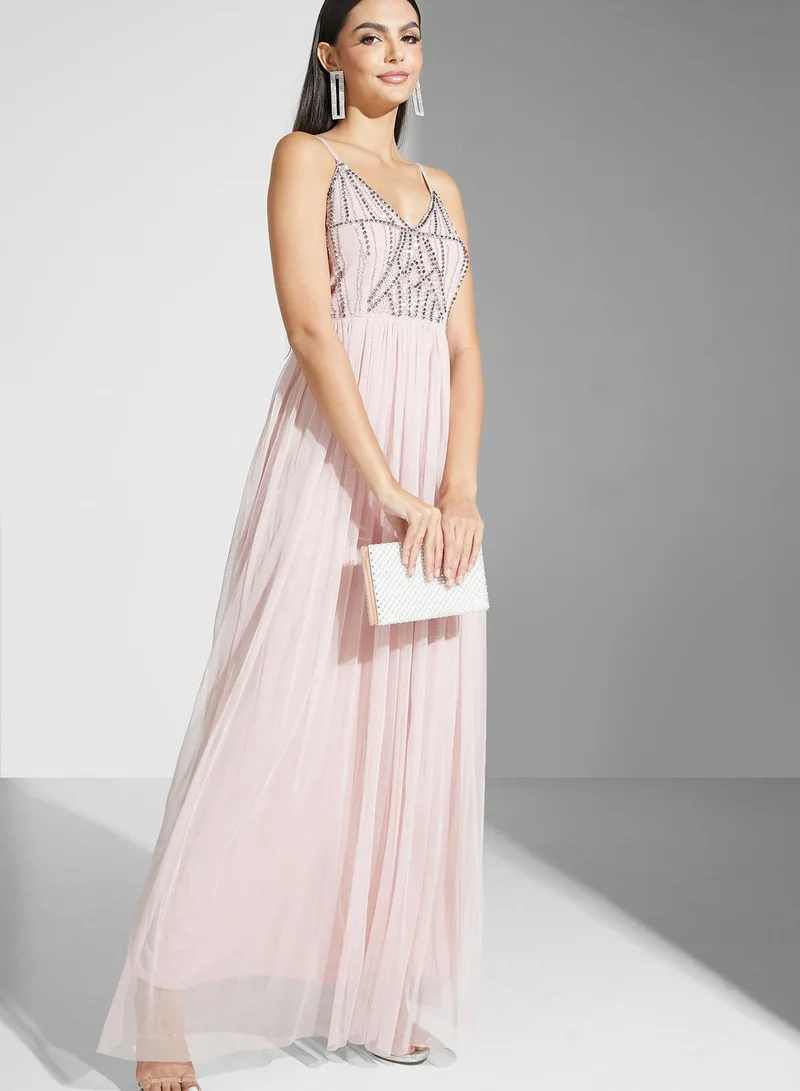 Namshi x Shouq Halter Neck Embellished Bodice Dress