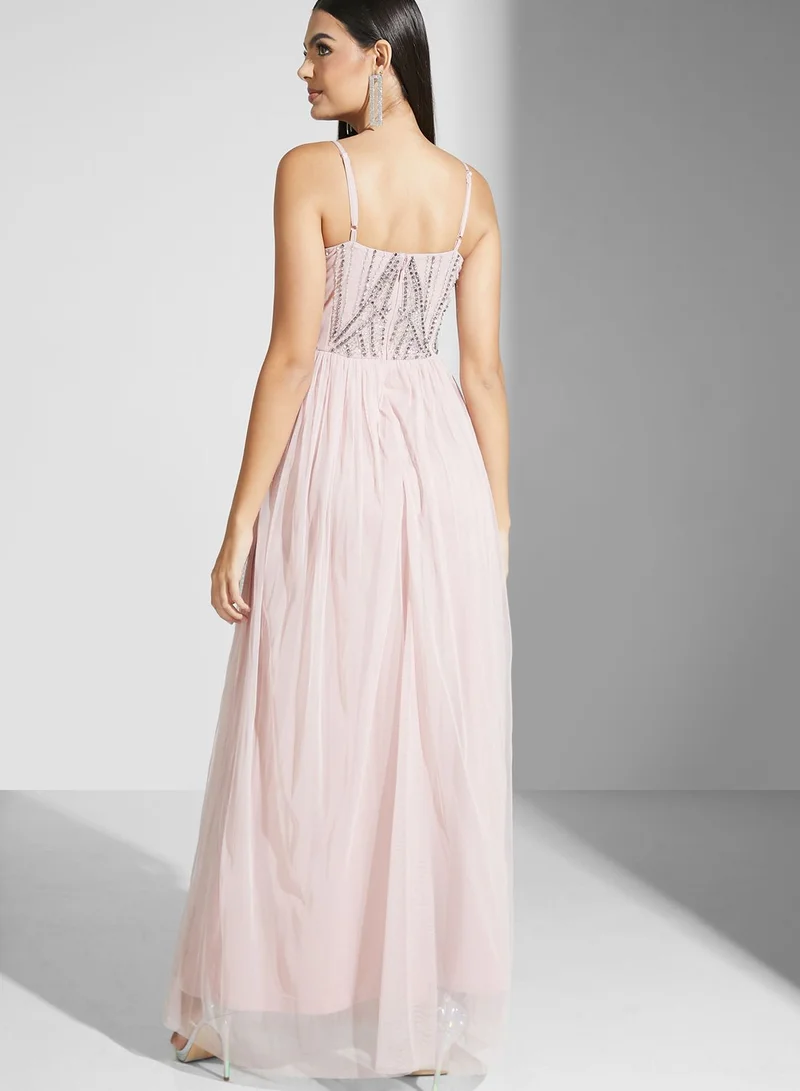 Namshi x Shouq Halter Neck Embellished Bodice Dress